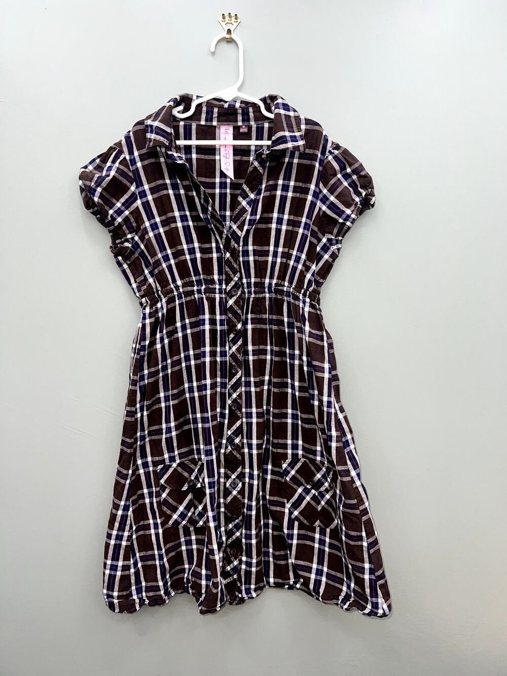 Taylor Swift L.E.I. Plaid Babydoll Dress Brown Blue Button Front Medium